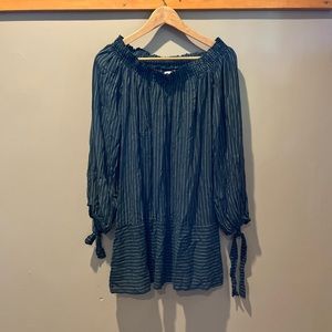 Faithfull The Brand Navy Pinstripe Off Shoulder Dress